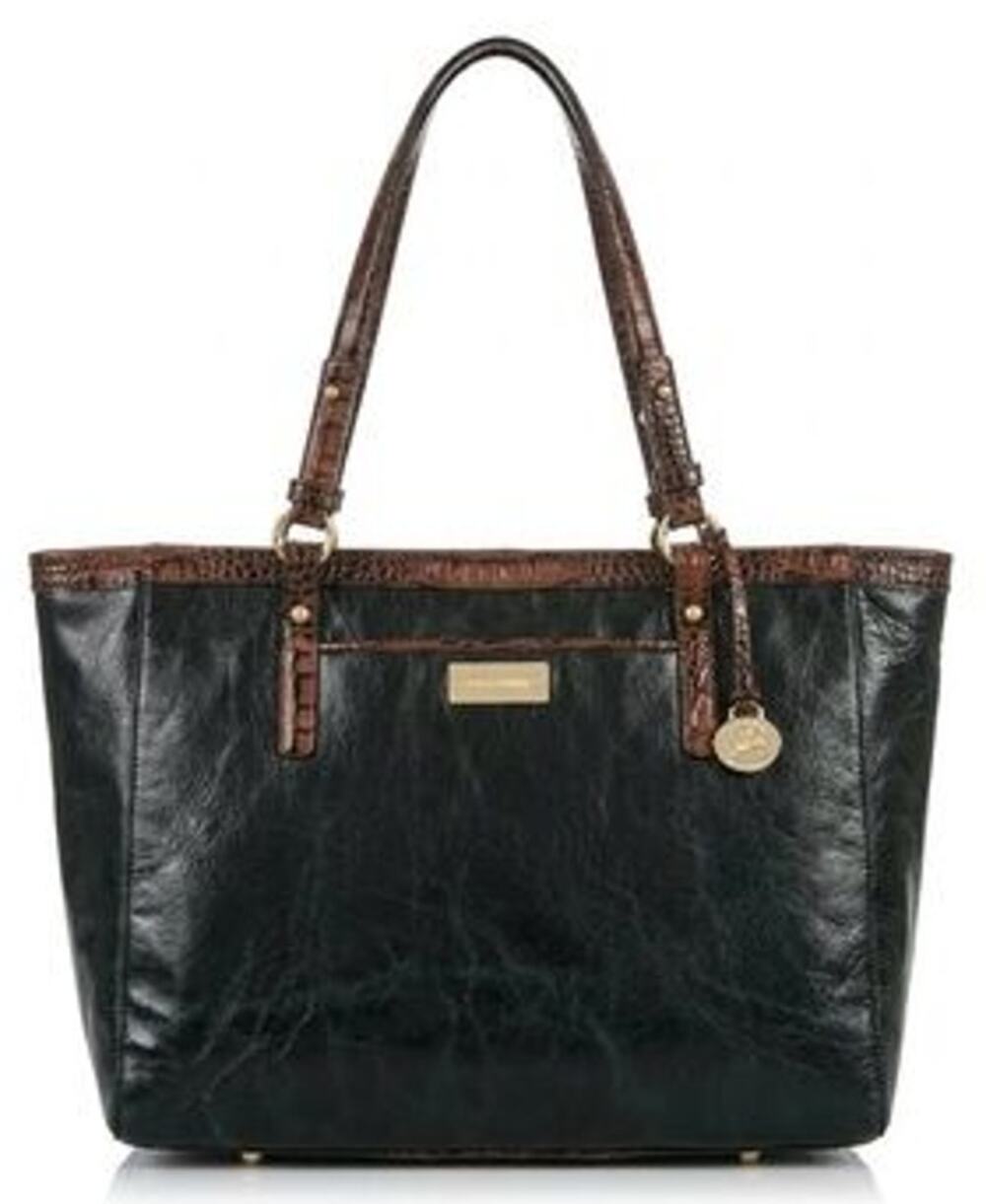 Brahmin Arno Tuscan Black Leather Tote with Brown Croc-Trim